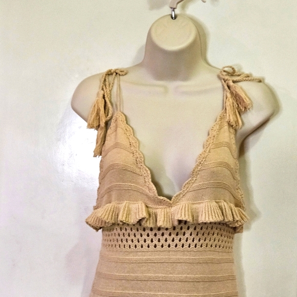 Papermoon Beige Knit V-Neckline Sleeveless Ruffle Boho Mini Dress,Medium - Picture 11 of 16